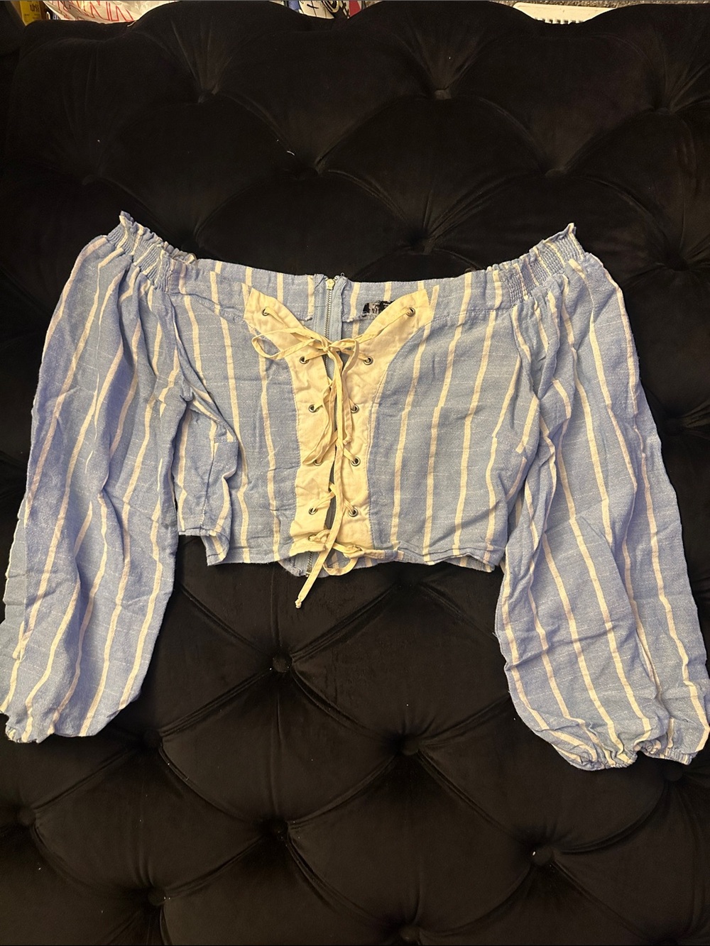 Fashion Nova Light Blue and White Striped Off-Shoulder Lace-Up Crop Top